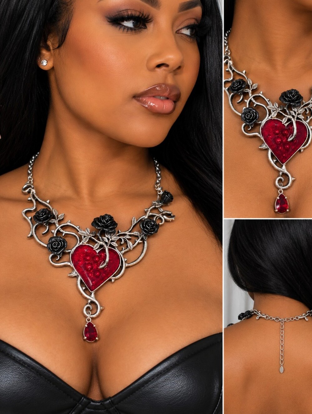 Red Heart & Black Rose Pendant Necklace โ Women Jewelry